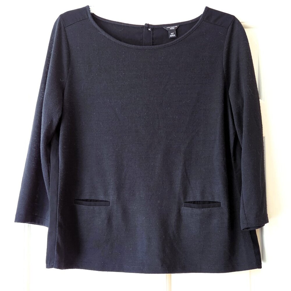 Ann Taylor size MP Black Multi Media Long Sleeve Top Blouse Pockets Business